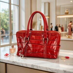 BRIGHTON Red Croco Embossed Leather Box Satchel Heart Charm Top Handle Bag
